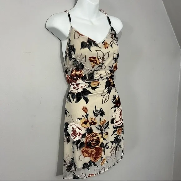 Vintage tan silky blend velvet burnout mini floral damask slip dress boho chic - Picture 7 of 7